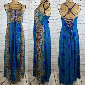 Boho Mandala Print Lace Up Open Back Maxi